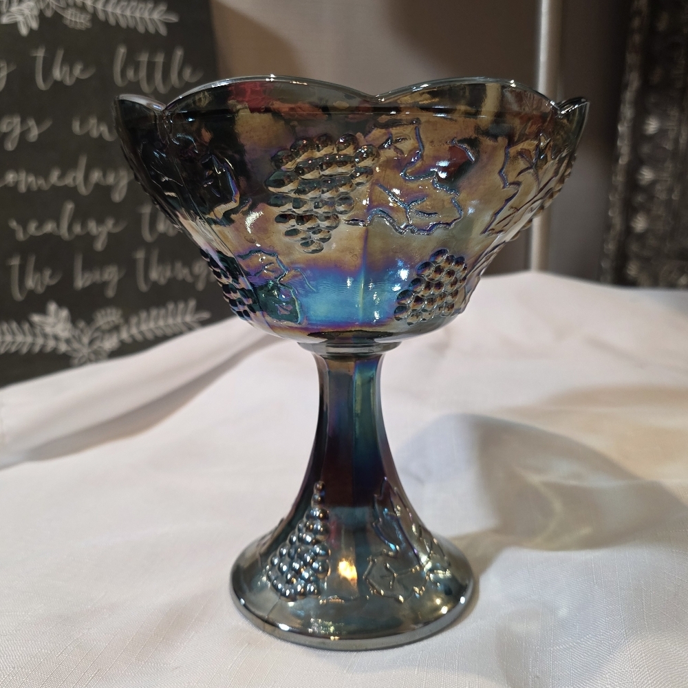 Vintage (70's) Indiana Blue Carnival Glass - Harvest Grape Pedestal Bowl.
